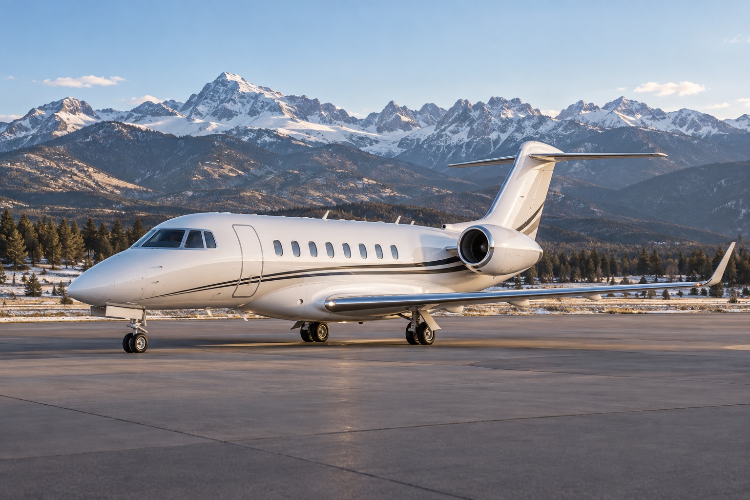 Illustration of a private jet at a mountain airport